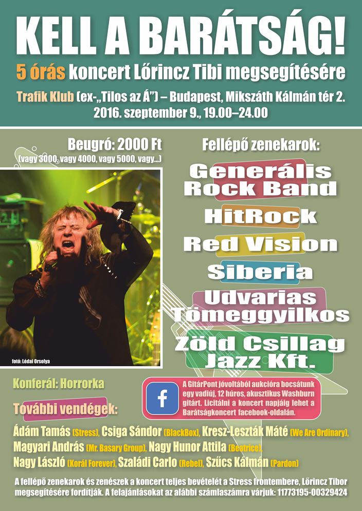 Kell a barátság! - Koncert Lőrincz Tibi megsegítésére – Szeptember 9. Trafik Klub